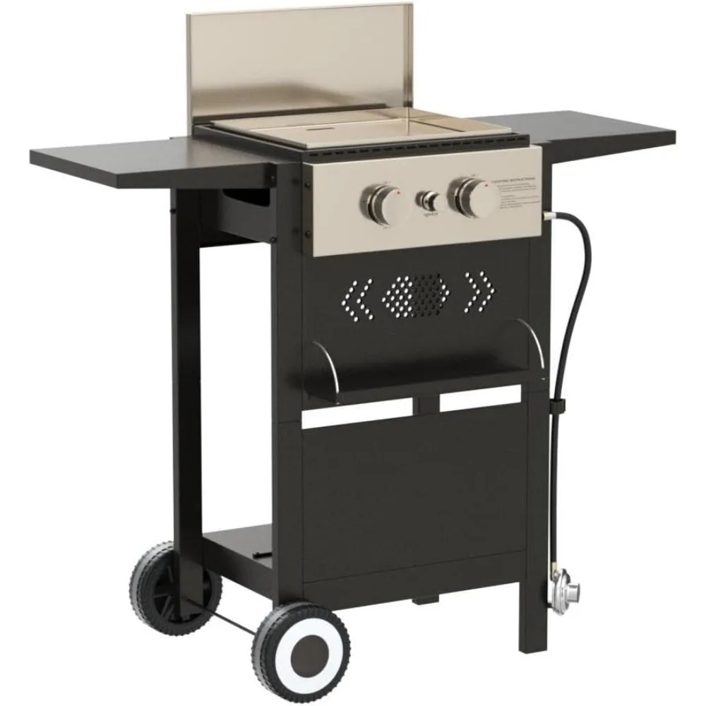 D12Propane Gas BBQ Grill With Cast Iron Griddle - 20,000 BTU, Portable, Side Tables, Wind-Proof Lid For Backyard