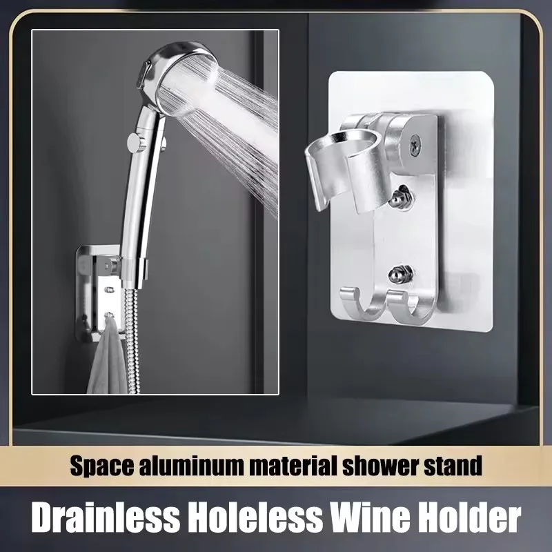 No Drilling Self Adhesive Shower Head Holder Aluminum Alloy Wall Bracket with Hooks Adjustable Wand Base for Bathroom Shower Use