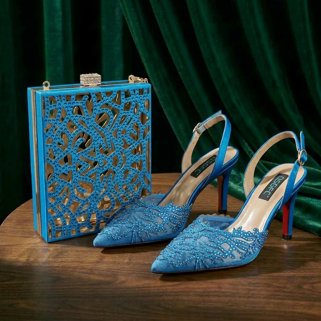 Zapatos de Fiesta de Lujo para Novia Africana Nigeriana, Color Azul Cielo, Tacones Puntiagudos con Pedrería, Conjunto de Zapatos y Bolsa a Juego