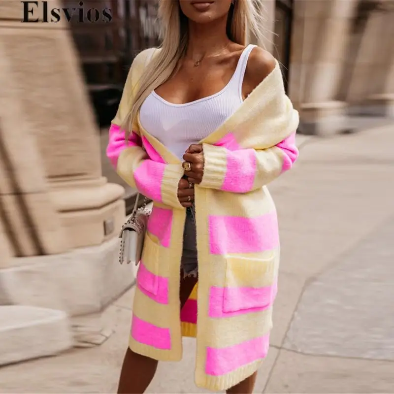 

Women Elegant V-neck Long jacket Lady Winter Striped Stitch Furry Sweater Coats Autumn 2024 Thickness Long Sleeve Knit Outwear