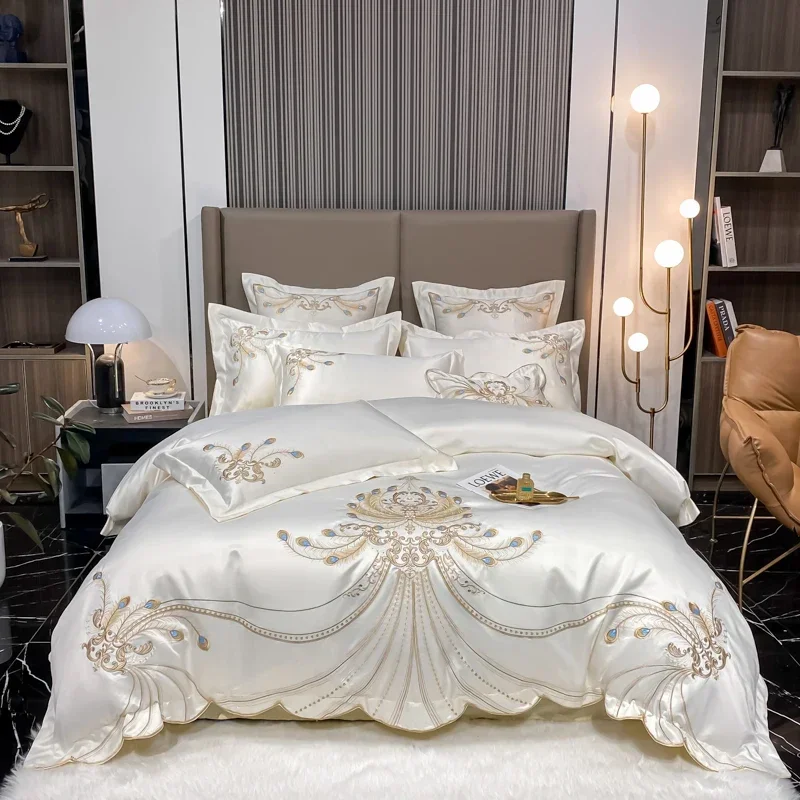 

Nordic Bedding Set Luxury Gold Feather Embroidery 100 Egyptian Cotton Double Duvet Cover Bed Sheets and Pillowcases Bed Set