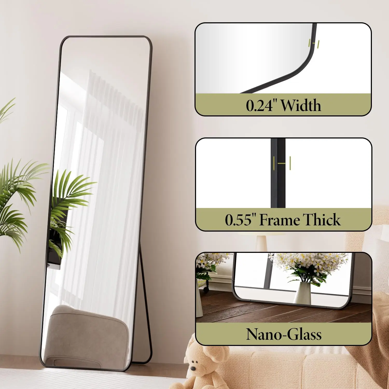 Floor Mirror Full Length, 59"x16" Rounded Corner Full Length Mirror with Stand, Hanging or Leaning Against Wall, Aluminum Alloy