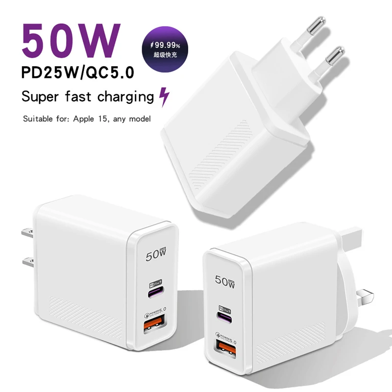 Ładowarka 50W z dwoma portami USB A i TYPE C, superszybkie ładowanie do Samsunga, Xiaomi, Huawei, iPhone'a, Oneplusa, OPPO, VIVO, PD QC, szybkie ładowanie 2025 — zdjęcie produktu 4