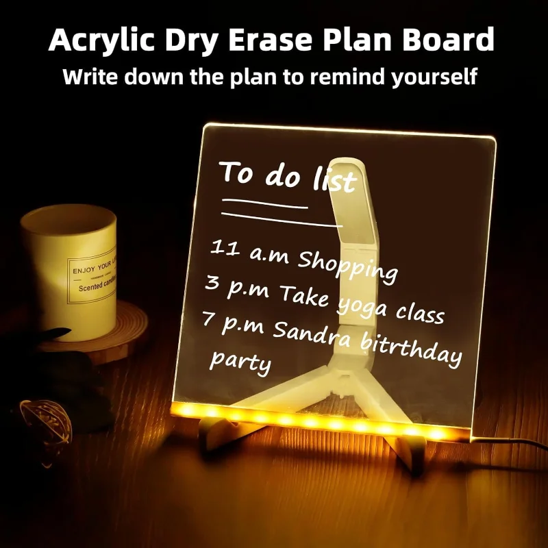 1 Set 7 Color Pens, Illuminated Acrylic Letter Erasing Board, Illuminated Memo Note Message Board with LED Whiteboard