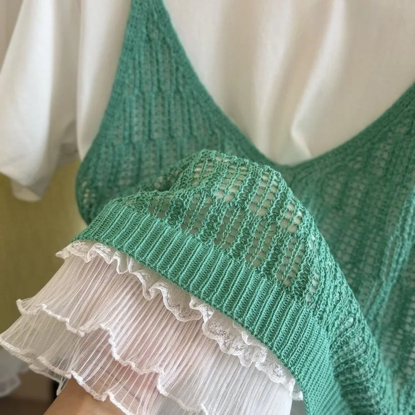 Women Hollow Crochet Knit Camisole Deep V Neck Sleeveless Crop Vest Ruffled Lace Hem Layered