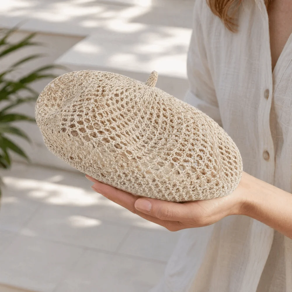 Casual Solid Color Hollow Beret Hollow Knitted Bright Thread Painter Hat Thin Breathable Pumpkin Hat Versatile