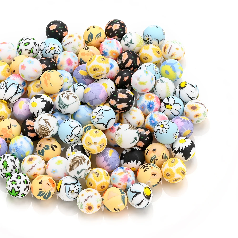 10Pcs Flower Printed Silicone Beads 15mm Floral Round Silicone Beads For Pacifier Chain Holder Clips Jewelry Making DIY