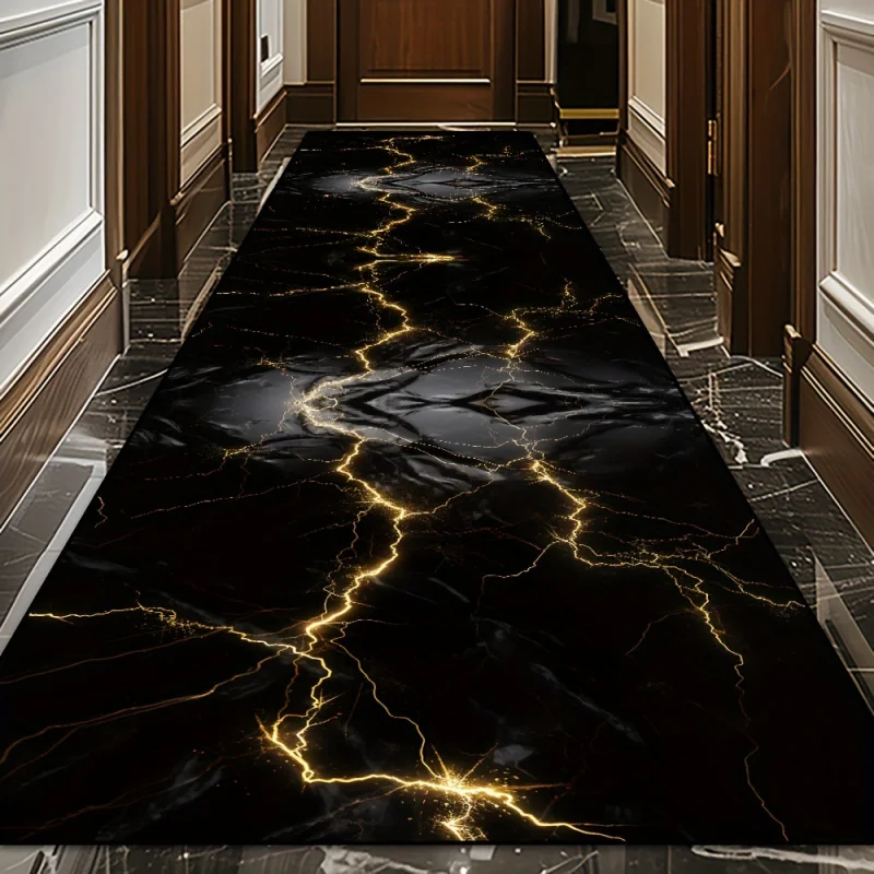 VIKAMA Light Luxury Black Gold Marble Runner Carpet Non-Slip Entry Corridor Floor Mat Kitchen Bedroom Carpet Home Decoration