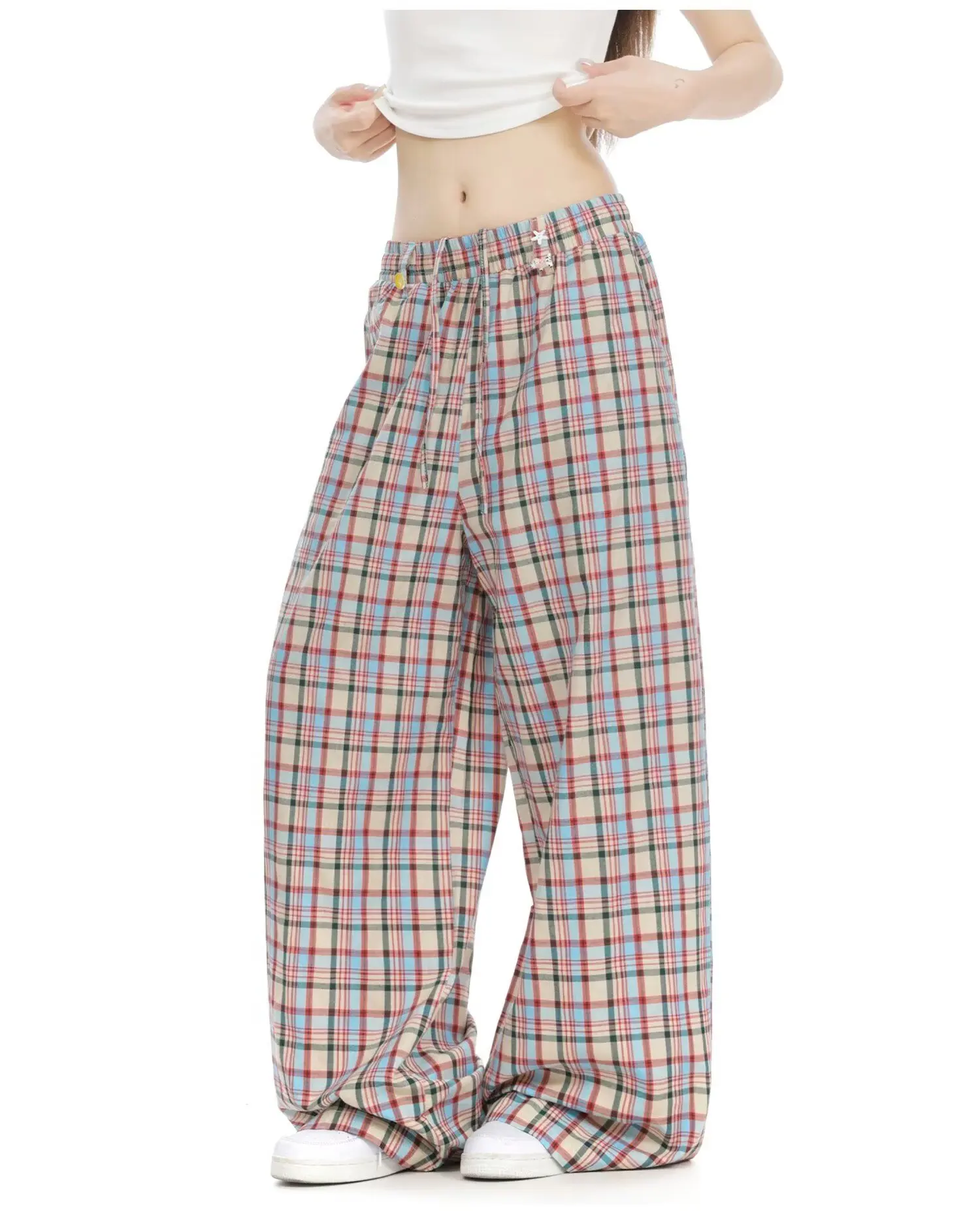 Y2K Plaid Wide Leg Pants Women Streetwear High Waist Loose All Match Pants Casual Pockets Lady Mopping Lazy Style Trousers