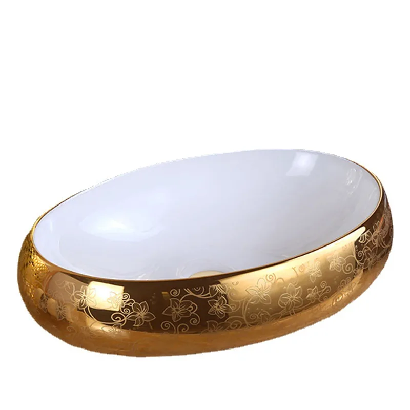 

Local tyrant gold oval ceramic washbasin Art basin Creative washbasin Household bathroom basin