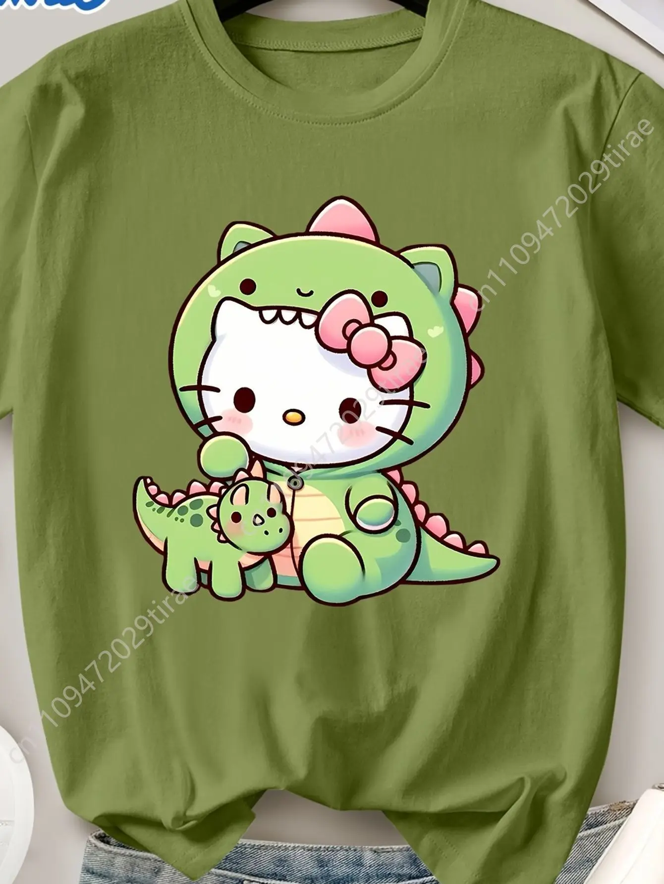 Sanrio Hello Kitty Dinosaur T-Shirt Soft Casual Short Sleeve Tee with Hello Kitty Dinosaur Print Spring Cosplay