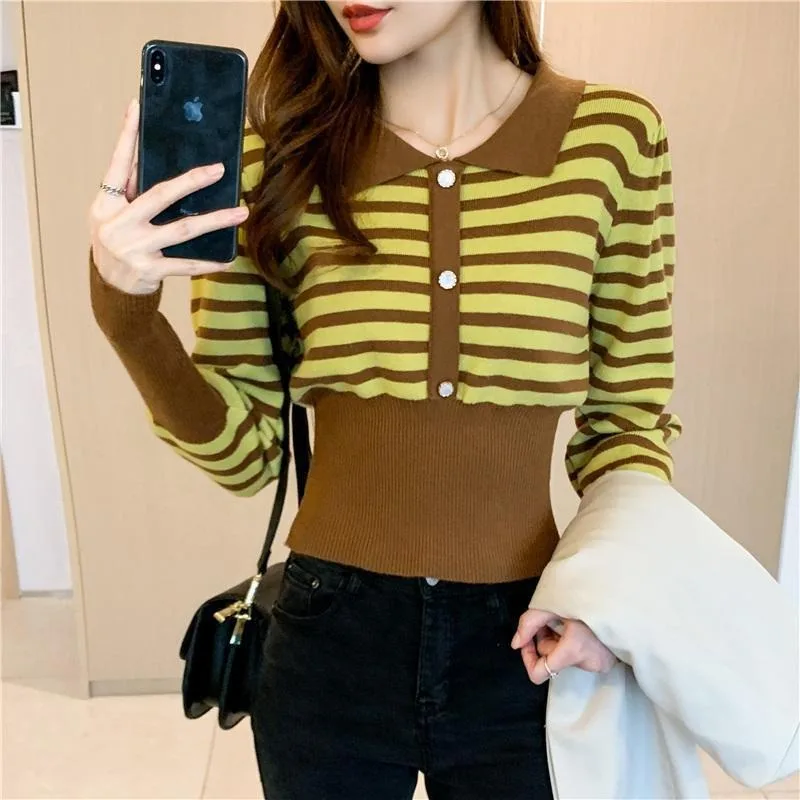 

Женский приталенный вязаный свитер с полосатыми вставками, регулируемой талией, длинными рукавами и воротником поло, осенне-зимний дизайн, стройнящий пуловер ​