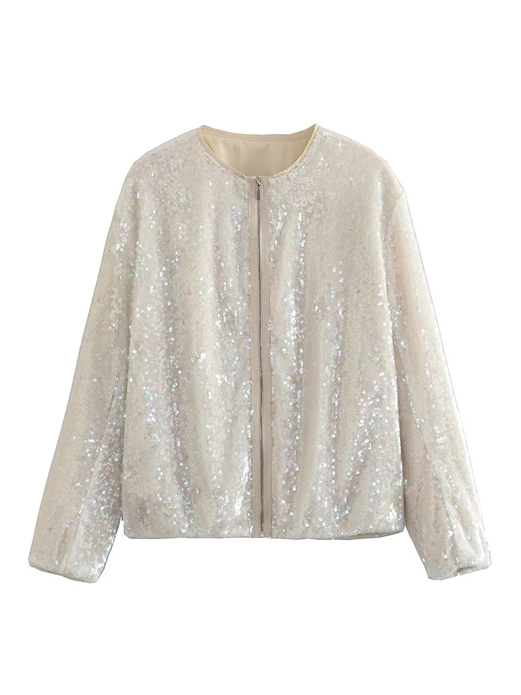 

YENKYE 2023 Women Sequin Bomber Jacket Vintage Long Sleeve Zipper Female Casual Loose Outerwear