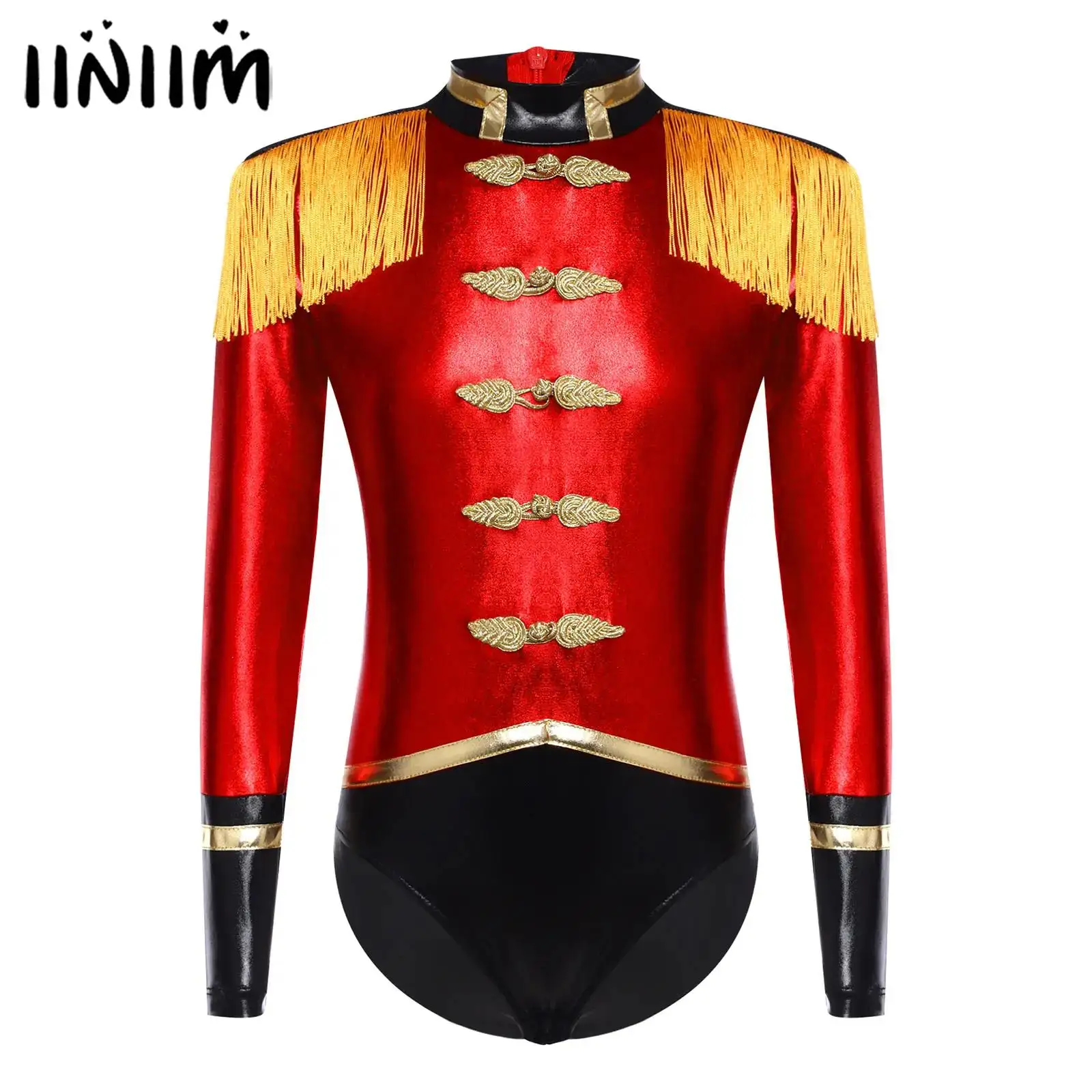 

Girls Circus Ringmaster Drummer Major Cosplay Performance Costume Tassel Epaulets Buttons Leotard Circus Jumpsuit Bodysuit