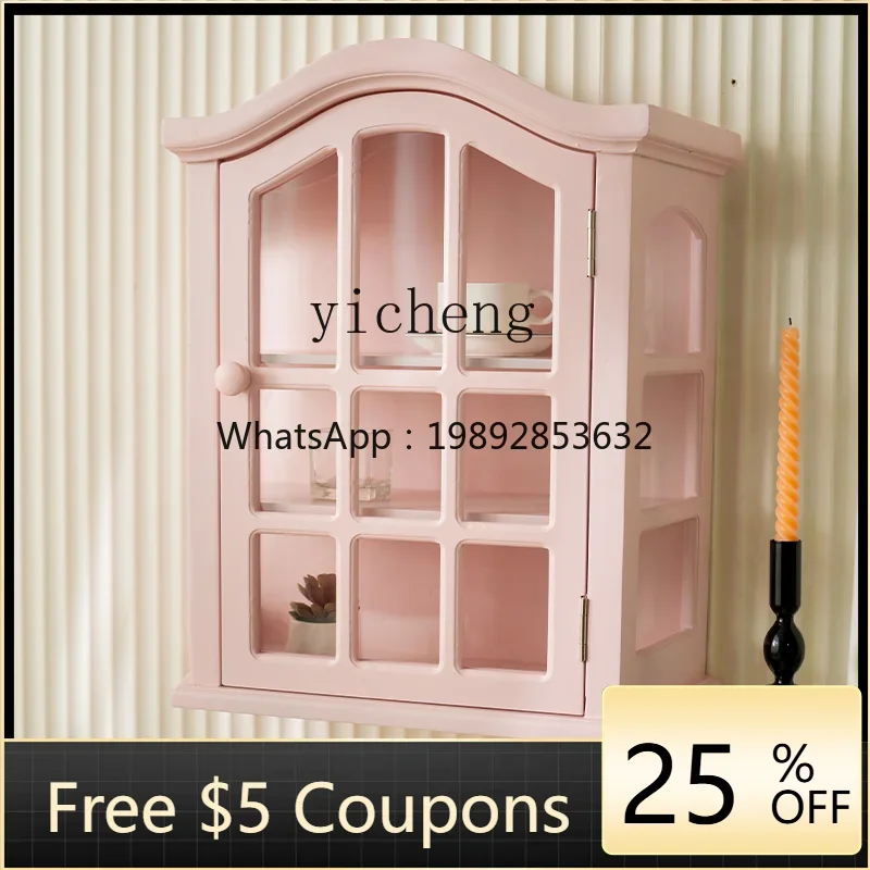 u118 retro wall pink wall cabinet multi-grid wall storage with door living room kitchen hanging cabinet