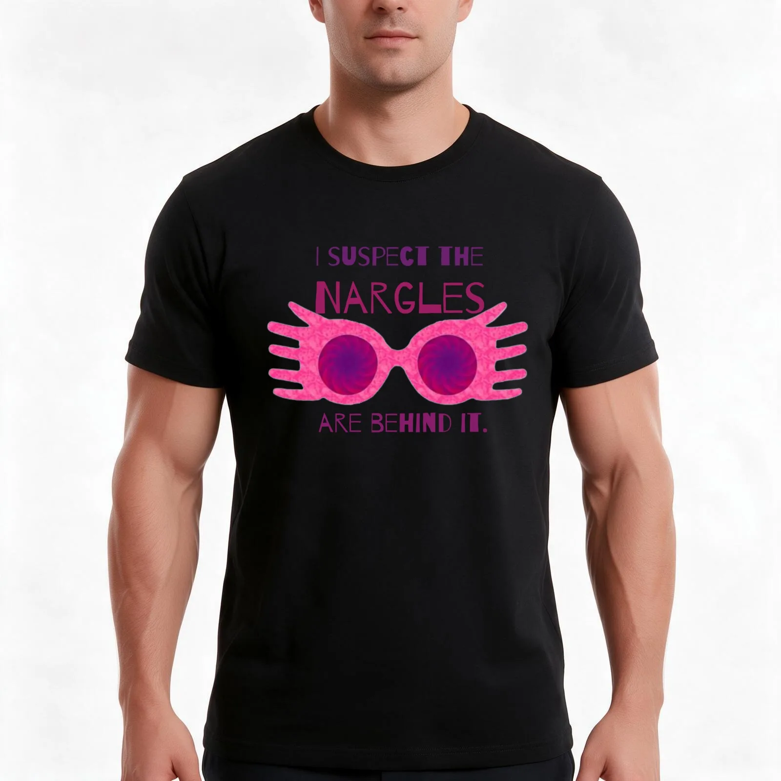 Pink Glasses I Suspect T-Shirt, Summer Casual Cotton Tee, Oversized Streetwear Tops, Vintage Graphic Print, Unisex Men Women