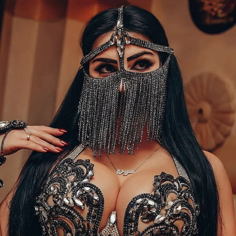 Mask European And American Sexy Veil Rhinestone Lnlaid Tassel Face Covering  Mask Stage Facial ornaments