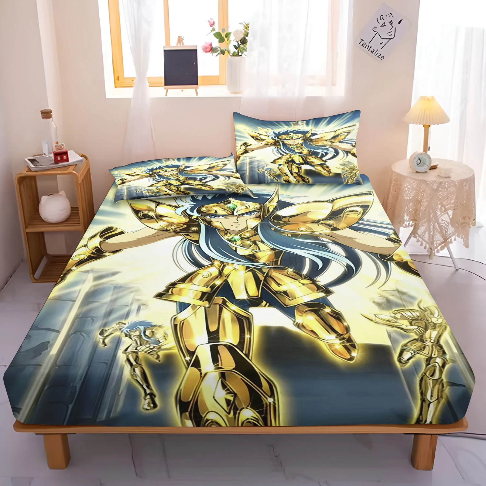 Saint Seiya Fitted Sheet Cover Cartoon for Teenager Children Elastic Bedding Cute Printing Sheets