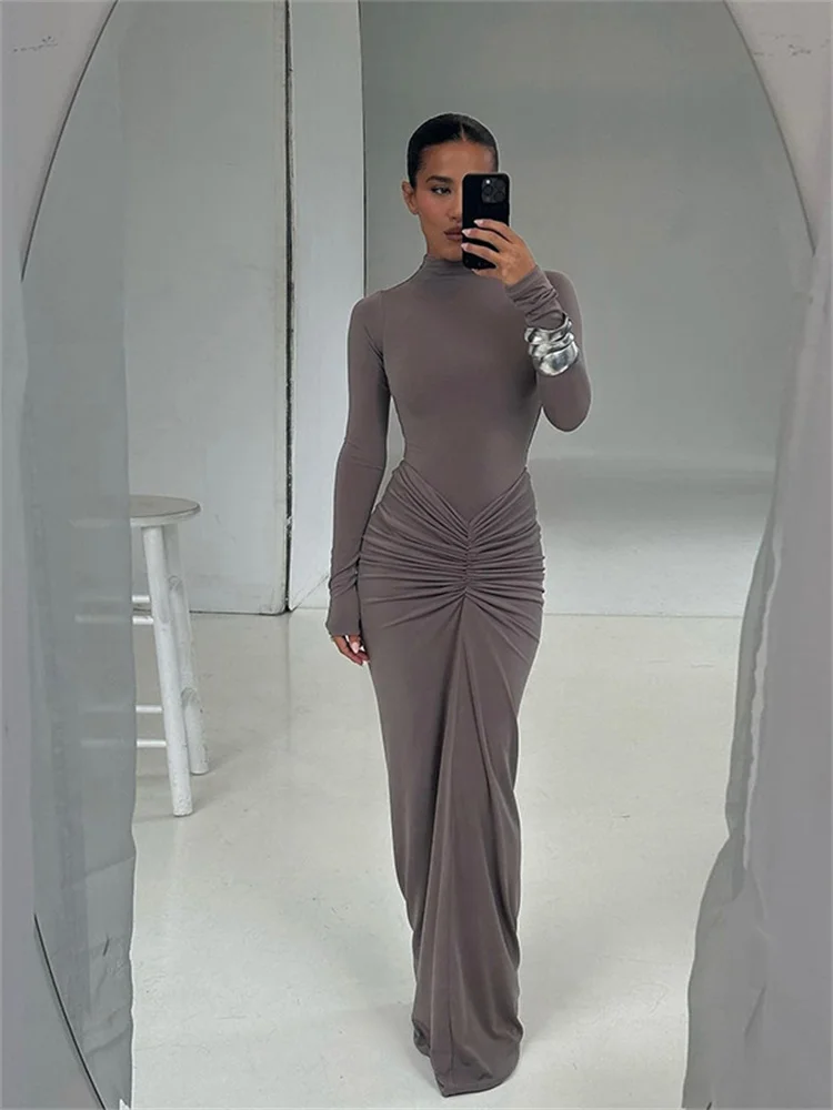 Insglas Gezellige Ruches Eenvoudige Jurk Damesmode Herfst Volledige Mouw O-hals Skinny Stretch Basic Klassieke Hipster Bodycon Vestidos