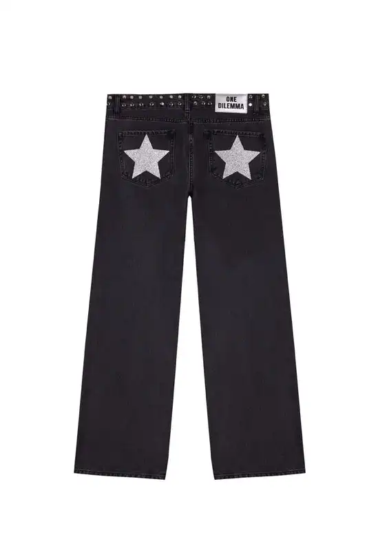 Y2K ONE DILEMMA Jeans para mujer gótico estrella de cinco puntas remache con lentejuelas pantalones vaqueros holgados moda americana Casual pantalones ajustados de tiro medio