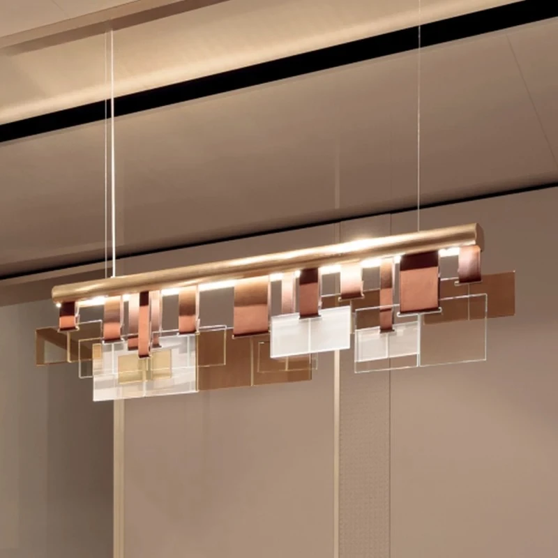 Modern Linear Layered Chandelier Gold  Acrylic Tiered Pendant Light Abstract Overlapping Panel LED Hanging Lamp for Kitchen