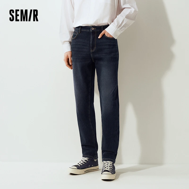 Semir Men Jeans Fleece Lined Stretch Tapered Fit Whisker Distressed Wash 2026 Vintage Warm Urban Casual Denim PantsSemir Men Jea