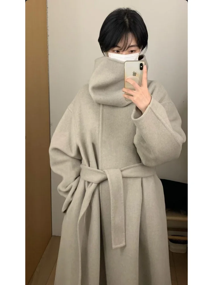 Double-Sided Camere Long Coat Women's Loose Fit  Winter Woolen Jaet with awl Collar And Belt Casual Sle