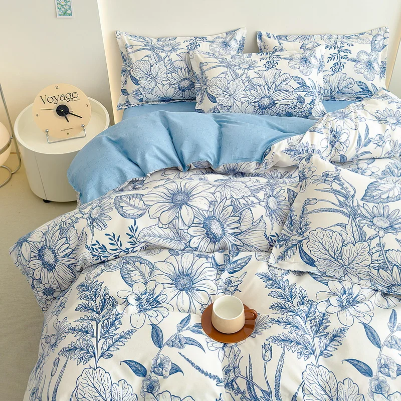 Floral Duvet Cover Set Queen Cottagecore White Blue Flower Leaf Comforter Cover 3Pcs Soft Thickened Pastoral Garden Bedding Set