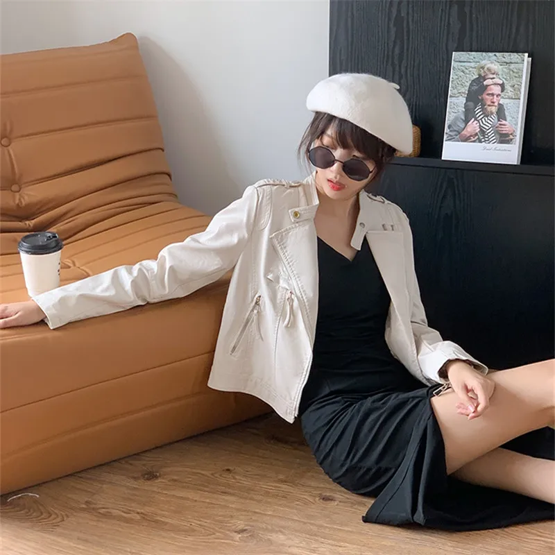 2024 primavera donna Slim Stand Collar cappotto corto in ecopelle caffè nero Beige blu manica lunga donna Streetwear Biker giacche