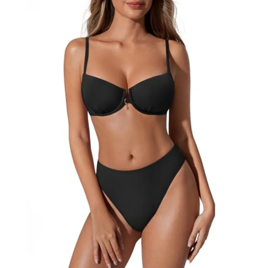 

SUUKSESS Women High Waisted Underwire Bikini Set Cheeky High Cut 2 Pcs Swimsuit