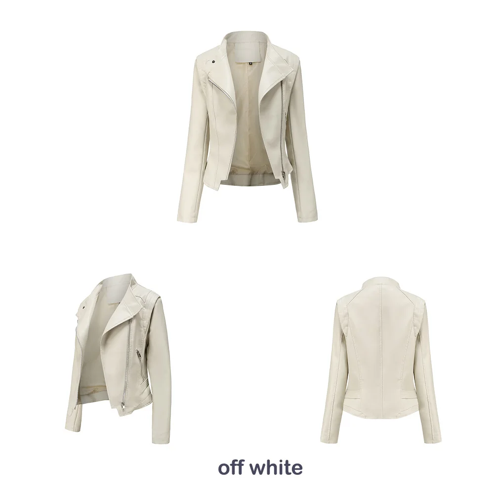 Slim Fit PU Leather Jacket for Women, Thin Long Sleeved Jacket, Short Coat, Spring and Autumn, Motorcycle Zipper Leather Jacket