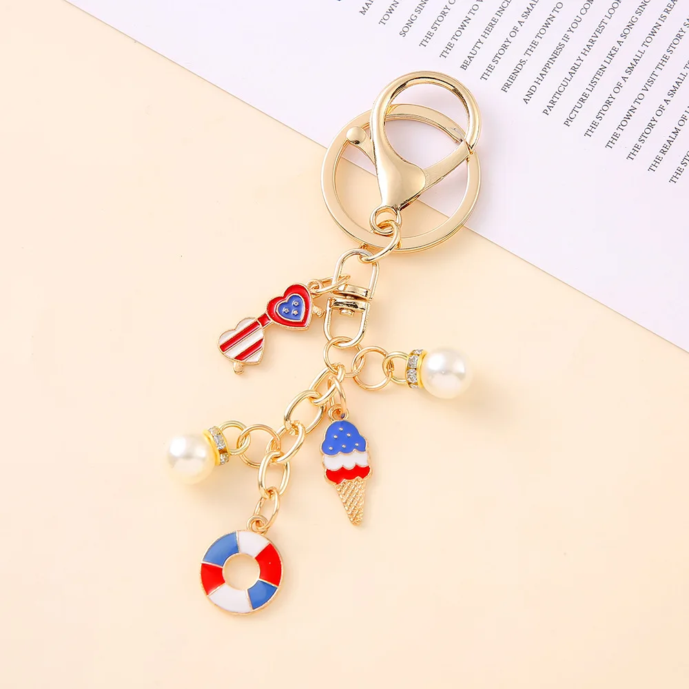 US Independence Day Geometry Pentagram Keychains String American Holiday Fashion Jewelry Key Chain Exquisite Pearl Bag Pendant
