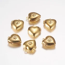 5pc Brass Locket Pendants Photo Frame Charms for Necklaces Heart Golden 12x10.5x0x4mm Hole: 1mm
