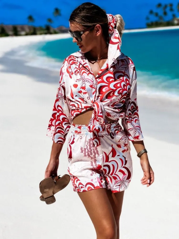 Women Short Sets 2024 Print Shirts Casual Vintage Long Sleeve Streetwear Tops Holiday Style Sets Womens 2 Piece Fashion 2023