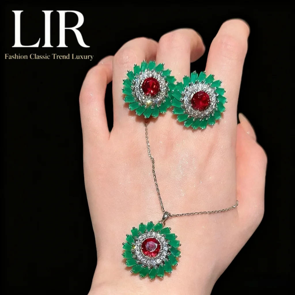 

Женский комплект ювелирных изделий на заказ LIR: ожерелье с драгоценными камнями и цветком Mojito Green Swirl, серьги с блестящими рождественскими цветами и цирконием (роскошная атмосфера)