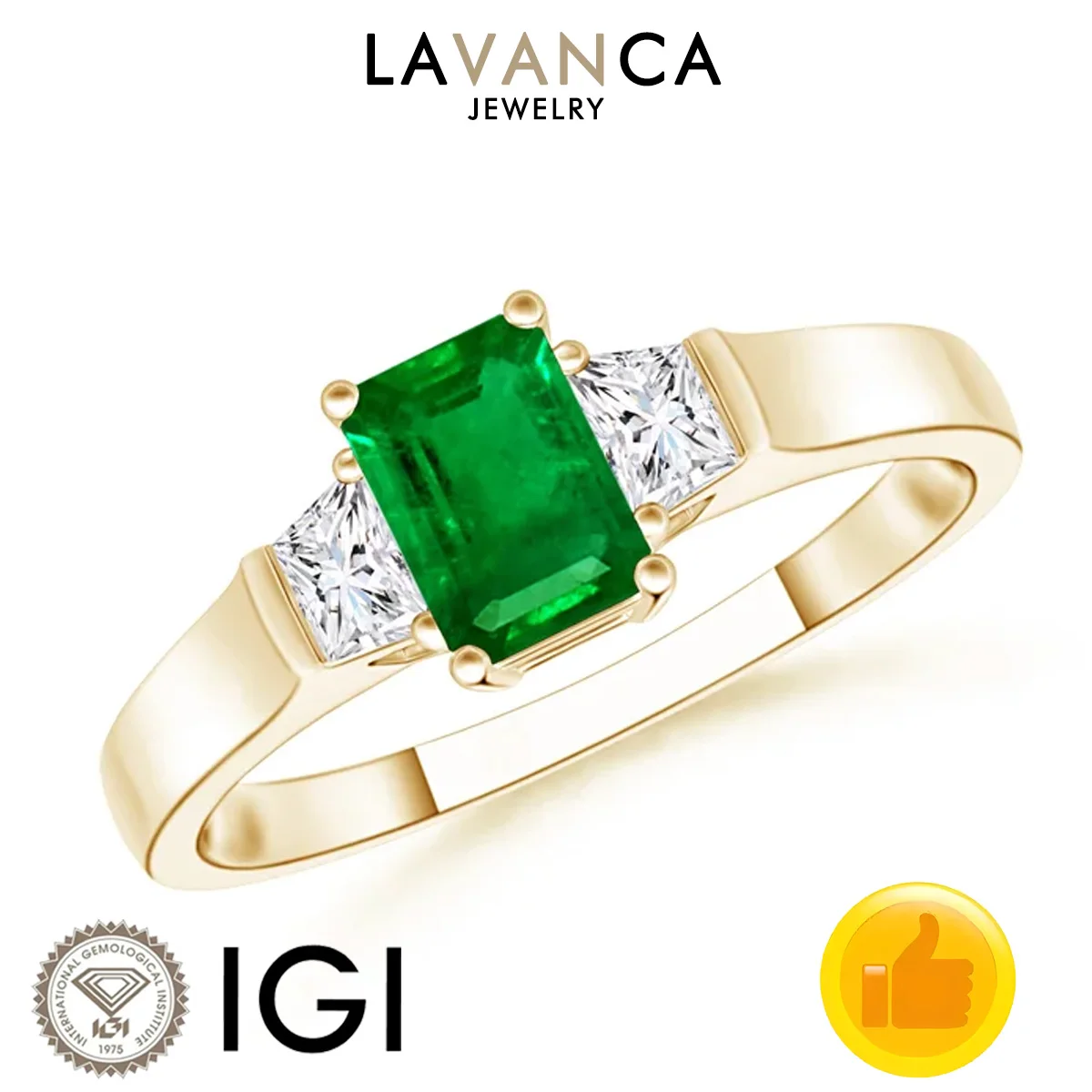 Emerald Cut Lab Grown Emerald Ring Trapezoid Baguette Lab Diamond Ring 9K/14K/18K Yellow Gold Three Stone Style Ring For Women