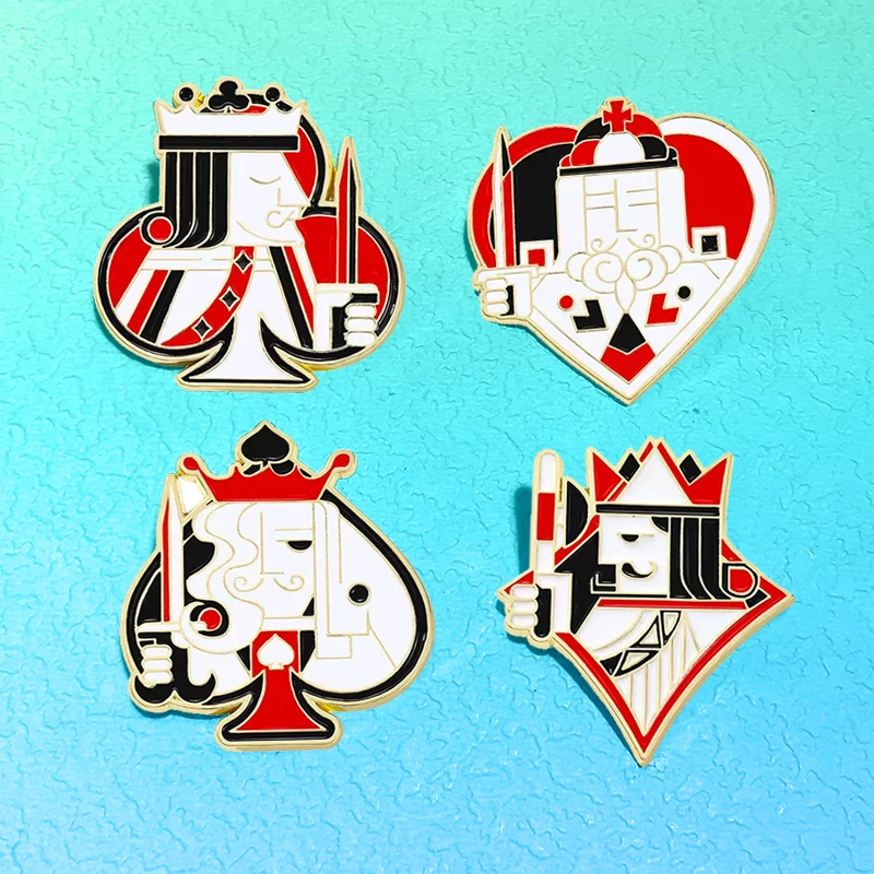 Cartoon Poker Cards Pins 4-design Enamel Spade Heart Club Diamond King Face Brooch For Backpack Clothes Metal Pins Friends Gift