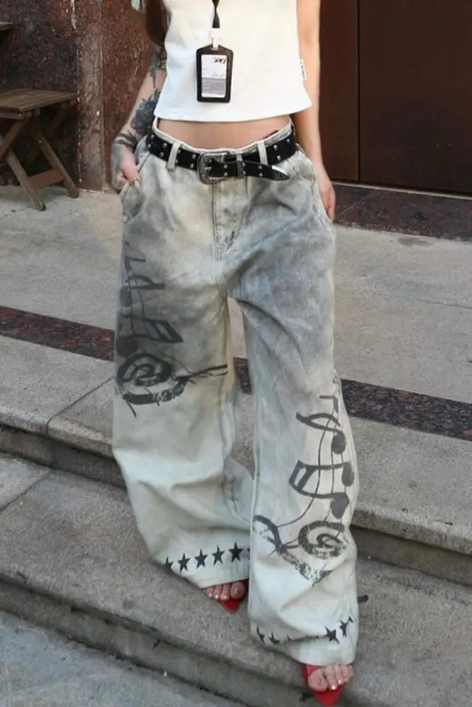

Plus Size Vintage Distressed Printed Denim Jeans Women Punk Hot Girl Subculture Flared Floor Length Pants Retro Y2K Streetwear