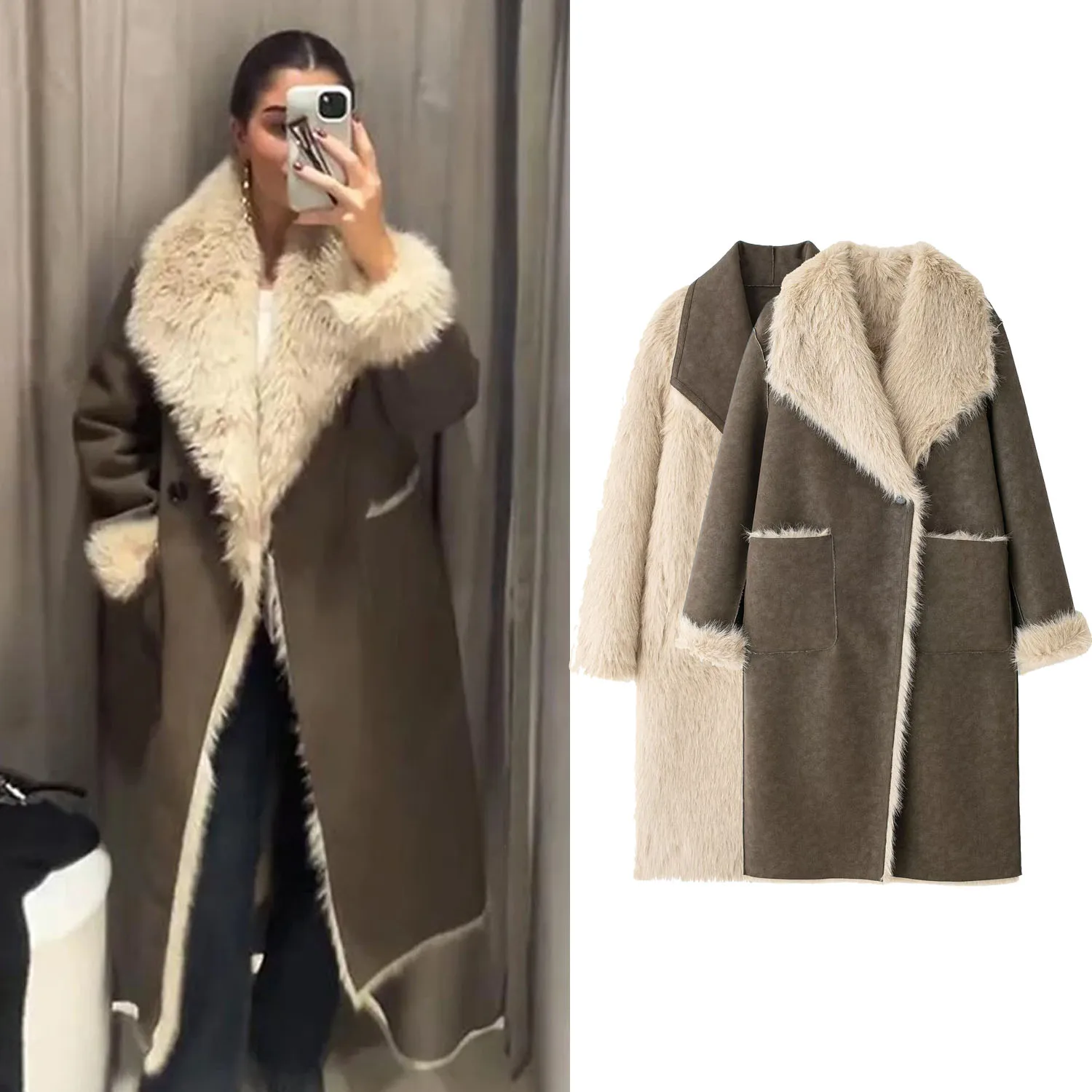 

Women Faux Fur Suede Long Coat Female Casual Full Sleeve Lapel Single Button Female Jackets Autumn Winter Lady Reversible Outwea