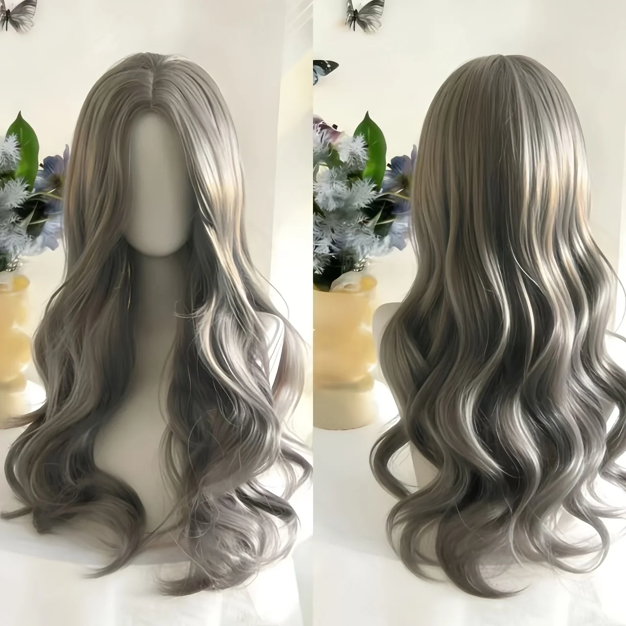 Cool light gray-brown long layered loose wavy full wig, skin-brightening low-maintenance style