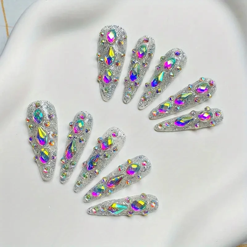 

10 шт., высококачественные длинные стильные накладные ногти ручной работы, длинные мерцающие алмазные накладки для отделки ногтей