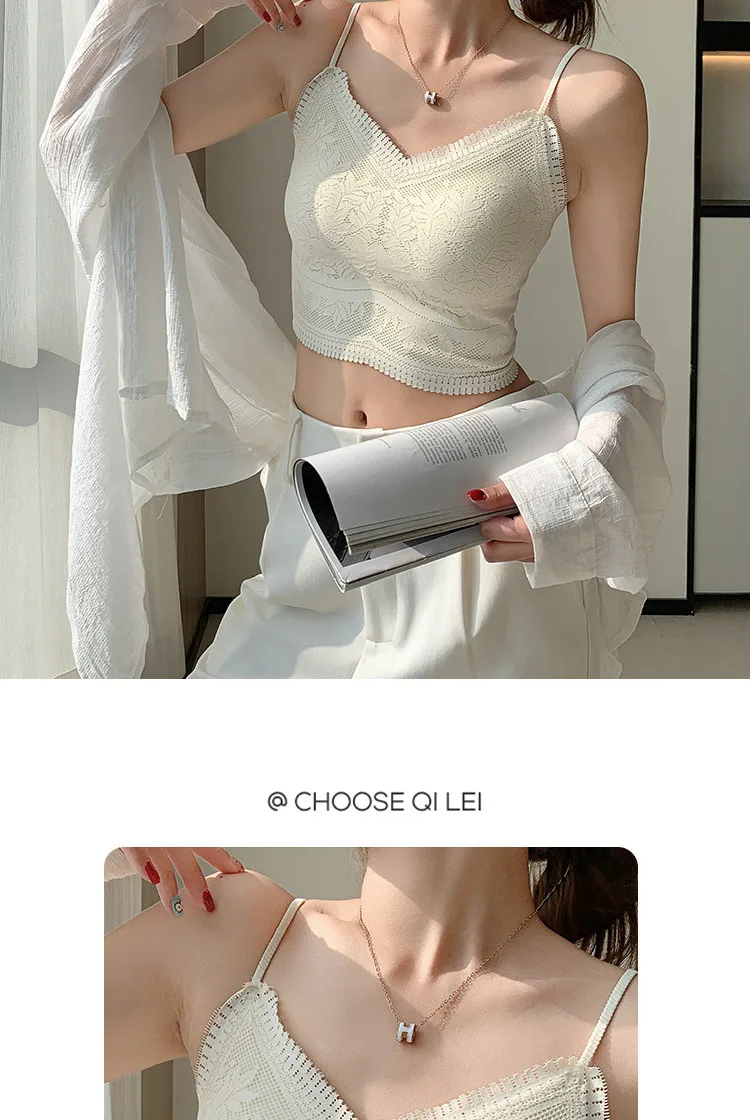 Die neue Damen-Spitzenweste mit nahtlosem kleinen Neckholder, Wickelbrust, nahtlose Unterwäsche, eine Tasse, rutschfester BH, Y2k-Top, Tank-Top, Neckholder – Detail 11