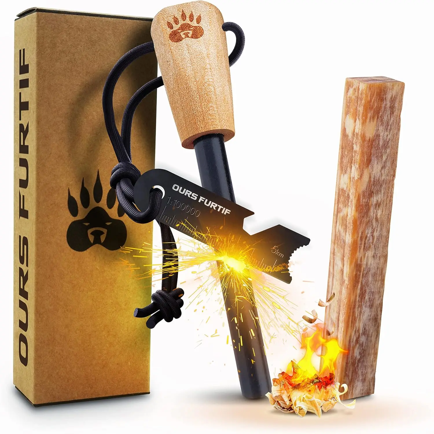 

3/8" Thick Ferro Rod Fire Starter with Fatwood Tinder & Multi-Tool Striker - 15,000+ Strikes, All-Weather Survival Tool for Camping, Bushcraft, Emergency