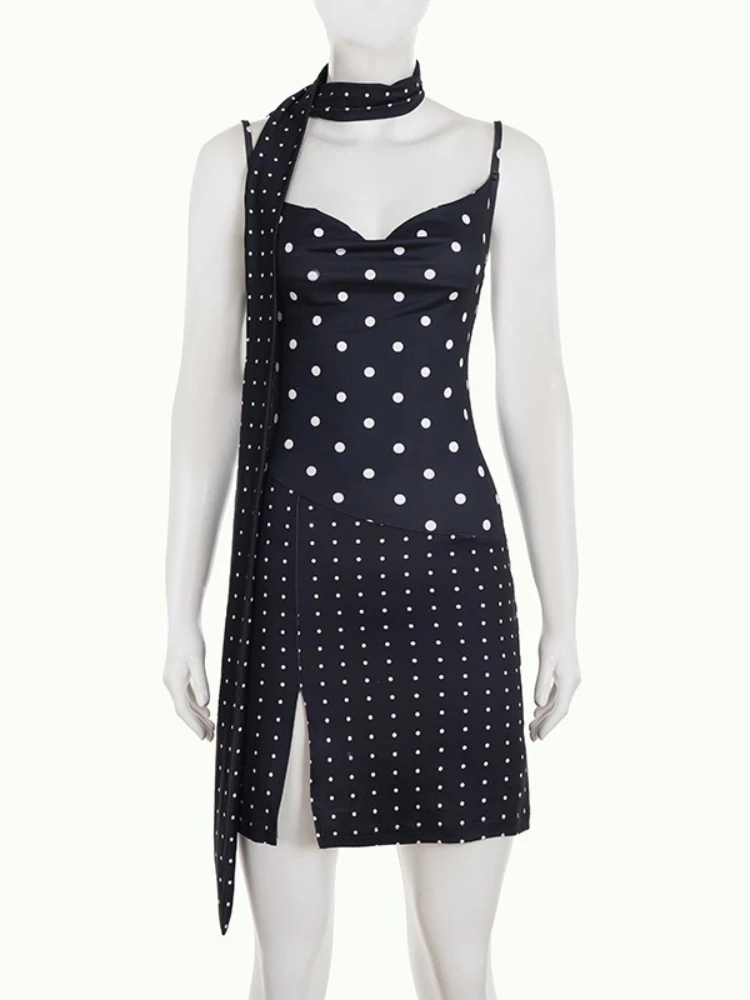 SsTss 新しいセクシーな黒と白の水玉模様のプリントスリングドレス女性のためのファッションネクタイノースリーブスリムスリットシックなナイトパーティードレス