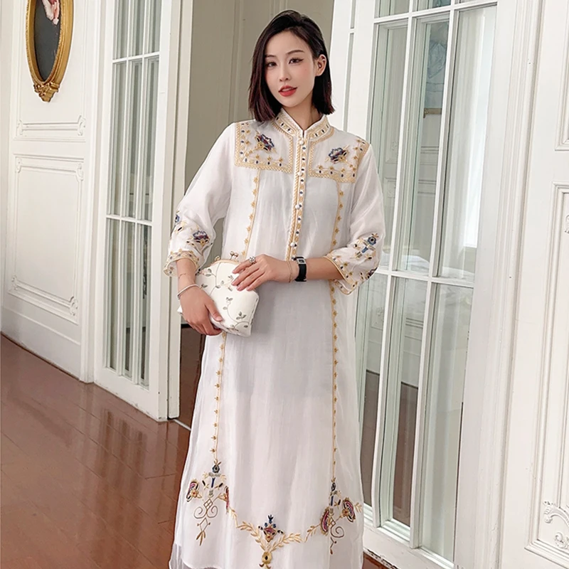 Chinese Style Women\'s Clothing Embroidered Dresses Modified Cheongsam Long Skirts Vintage Ethnic Style Woman Elegant Party Dress