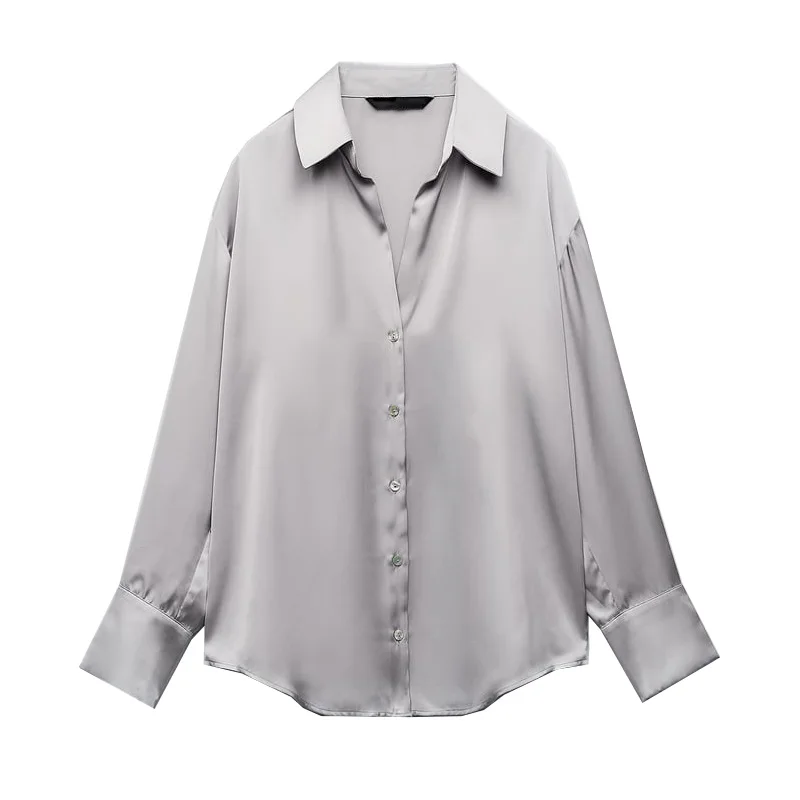 Spring New Loose Long Sve Single Button Silk Satin Drape irt Women's Commute Sle  Collar Polyester Fiber 874236
