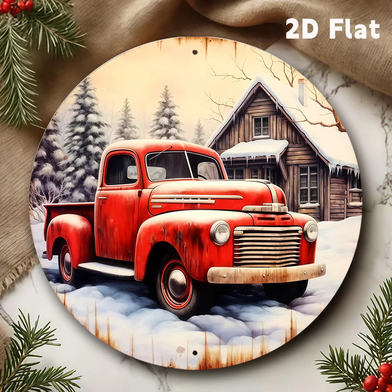 2D Flat-1pc علامة إكليل شاحنة عتيقة بألوان مائية - علامة شاحنة عتيقة - علامة إكليل مستديرة للشتاء - علامة عيد الميلاد لشاحنة عتيقة #1