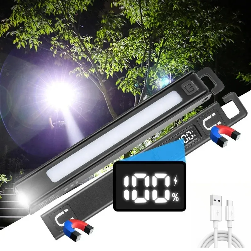 Magnetic 180° Rotatable Folding LED Work Light, USB-C Rechargeable COB Pen Flashlight with Ruler for Outdoor Repair Emergency