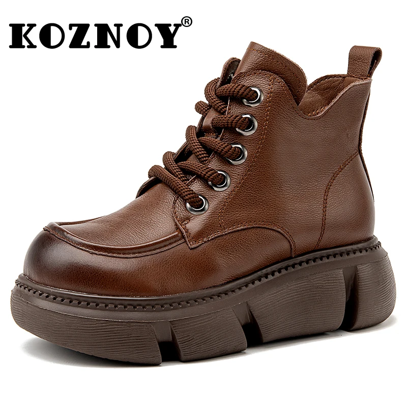 

Koznoy 6cm Natural Cow Genuine Leather Platform Wedge Zip Retro Ladies Ankle Booties Autumn Spring Women Winter Plush Warm Shoes