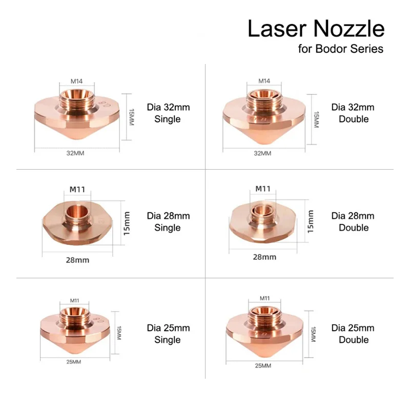 Imagem -03 - Bicos Laser Bodor Única Camada Dupla Cromada D25 H15 M11 D32 H15 M14 Calibre 0.8 6.0 mm Peças de Cabeça de Corte a Laser de Fibra Bodor